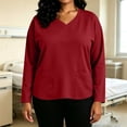 thumbnail image 4 of thefmos Women's V Neck 3/4 Sleeve Pullover Blouse with Pocket Plus Size Solid Color Casual Top Trendy Fall Spring Outfit, Red XL, 4 of 9