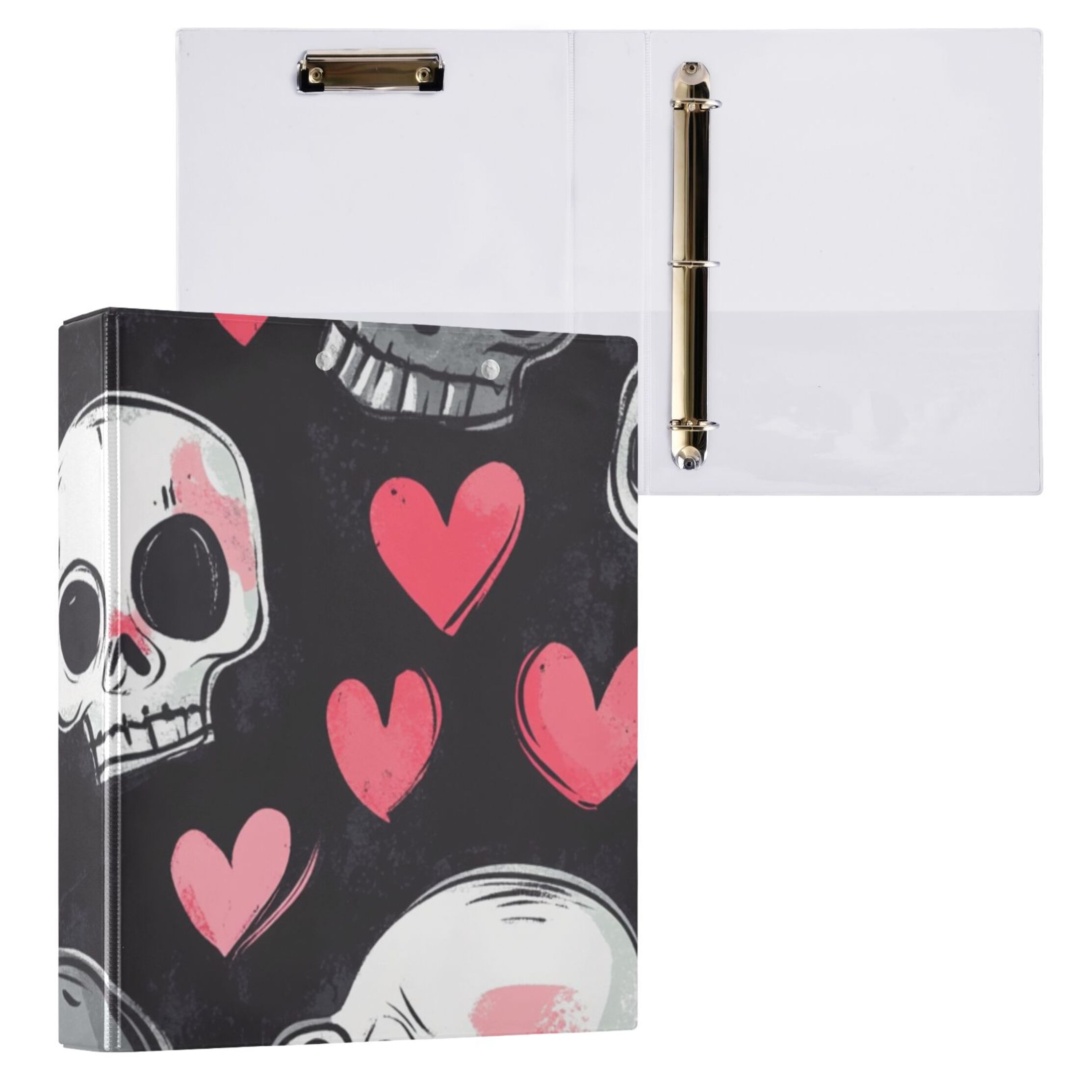 Hearts and Skulls 3 Ring Binders 1.5 inch Hardcover File Folders with Interior Pockets A4 Size Organizer for School Office Hospital