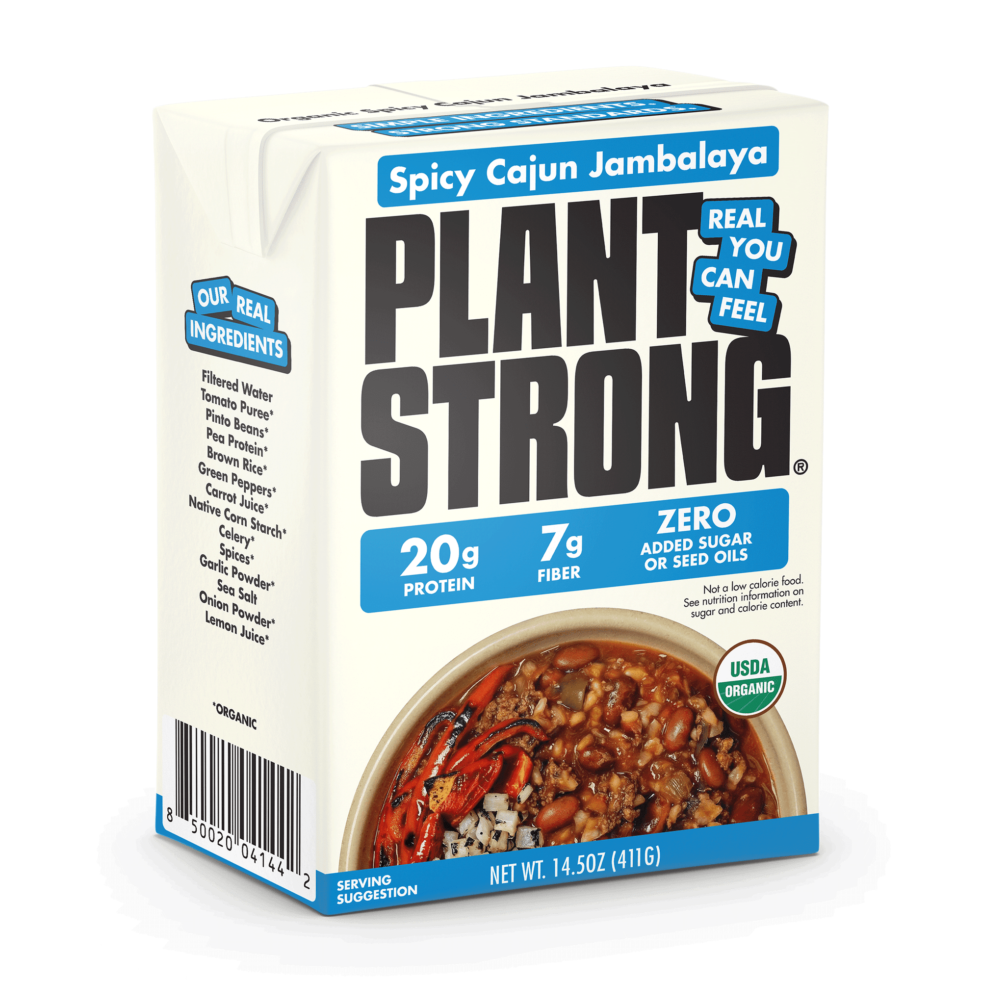 Plant Strong Spicy Cajun Jambalaya Stew - Heat and Eat, 20g of Protein, 7g of Fiber, Shelf-Stable
