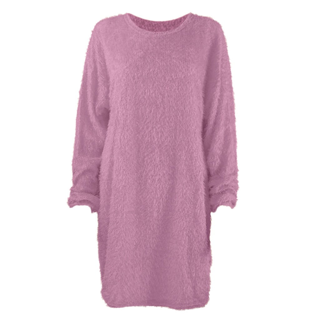 Floleo Women's Long Sleeved Winter Dress Oversized Sweater Dress Loose Plush Wrap Hip Lantern Sleeve Medium Length Round Neck Solid Sweater Pullover