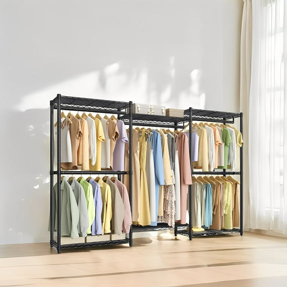 LEDREM Heavy-Duty Garment Rack , Adjustable Freestanding Steel Clothing Rack with No-Tool Assembly , 5 Rails & 6 Shelves Portable Closet for Clothes and Accessories ,Ink Black
