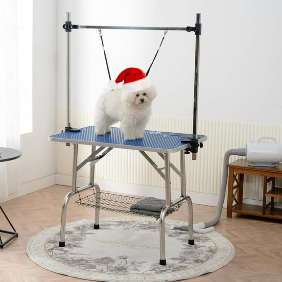Pet Dog Grooming Table, Foldable Stainless Steel Pet Drying Grooming Table Up to 330lbs, Professional Bathing Desk for Dogs at Home with Adjustable Overhead Arms, Noose, Mesh Tray, 46''/Blue