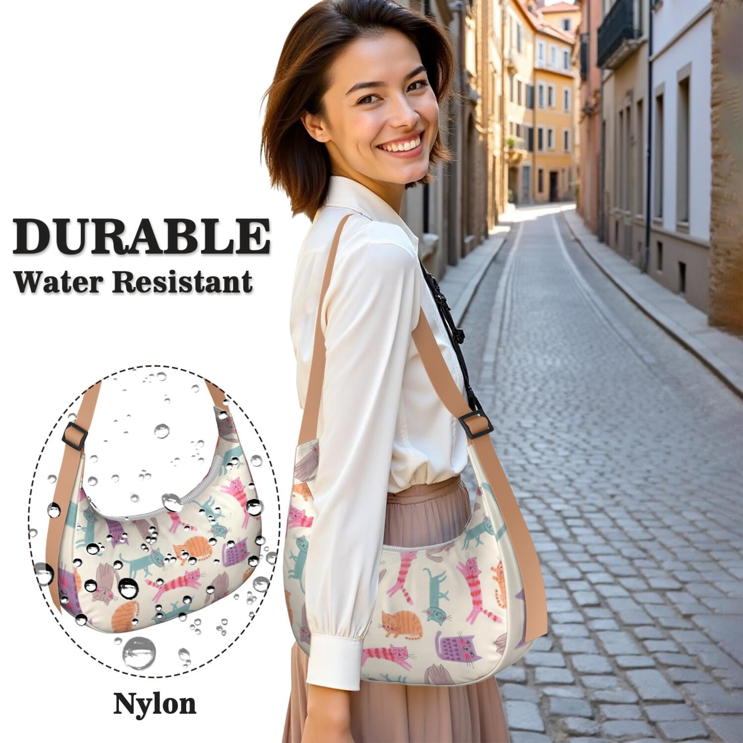 Travel Purse for Women – Durable Nylon Fabric, Adorable Cat and Moon Artwork, Watercolor Cat Print, Large Capacity Artistic Crossbody Bag