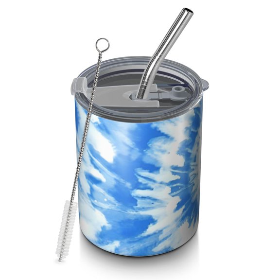 12oz Coffee Tumblers Blue Tie Dye Pattern Stainless Steel Vacuum Insulated Travel Tumbler Coffee Cups Mug with Lid and Straw with Cleaning Brush for Cold & Hot Drinks