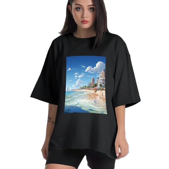 Plus Size Shirt for Women Black Tops for Women Short Sleeves Shirt for Women Seaside (1) T Shirt Crewneck Shirt for Women XS
