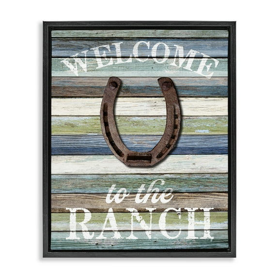 Stupell Industries Welcome Ranch with Horseshoe Text & Numbers Painting Black Floater Framed Canvas Art Print Wall Art, 17 x 21