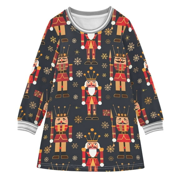 Girls' long-sleeved dress Christmas Golden Nutcracker Girls' A-line dress with ribbed cuffs Soft and comfortable