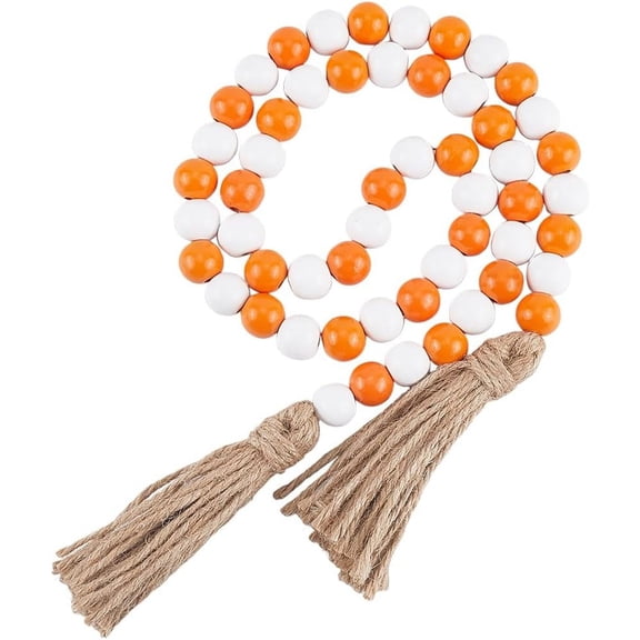 42 Inch Wood Bead Garland Decor Rustic Country Farmhouse Boho Home Orange White Wooden Beads Tassel Wall Hanging Ornaments for Coffee Table Wall Shelf Tray Vase Living Room Bedroom for DIY
