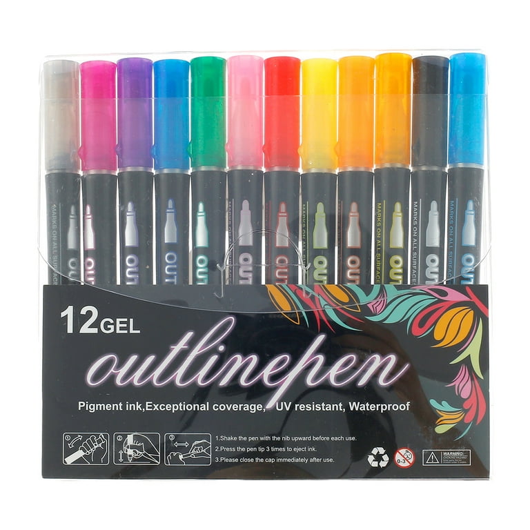 Zulay Kitchen 12 Pieces Dual Colored Outline Pens - Self-Outline Metallic  Markers - Assorted Pre