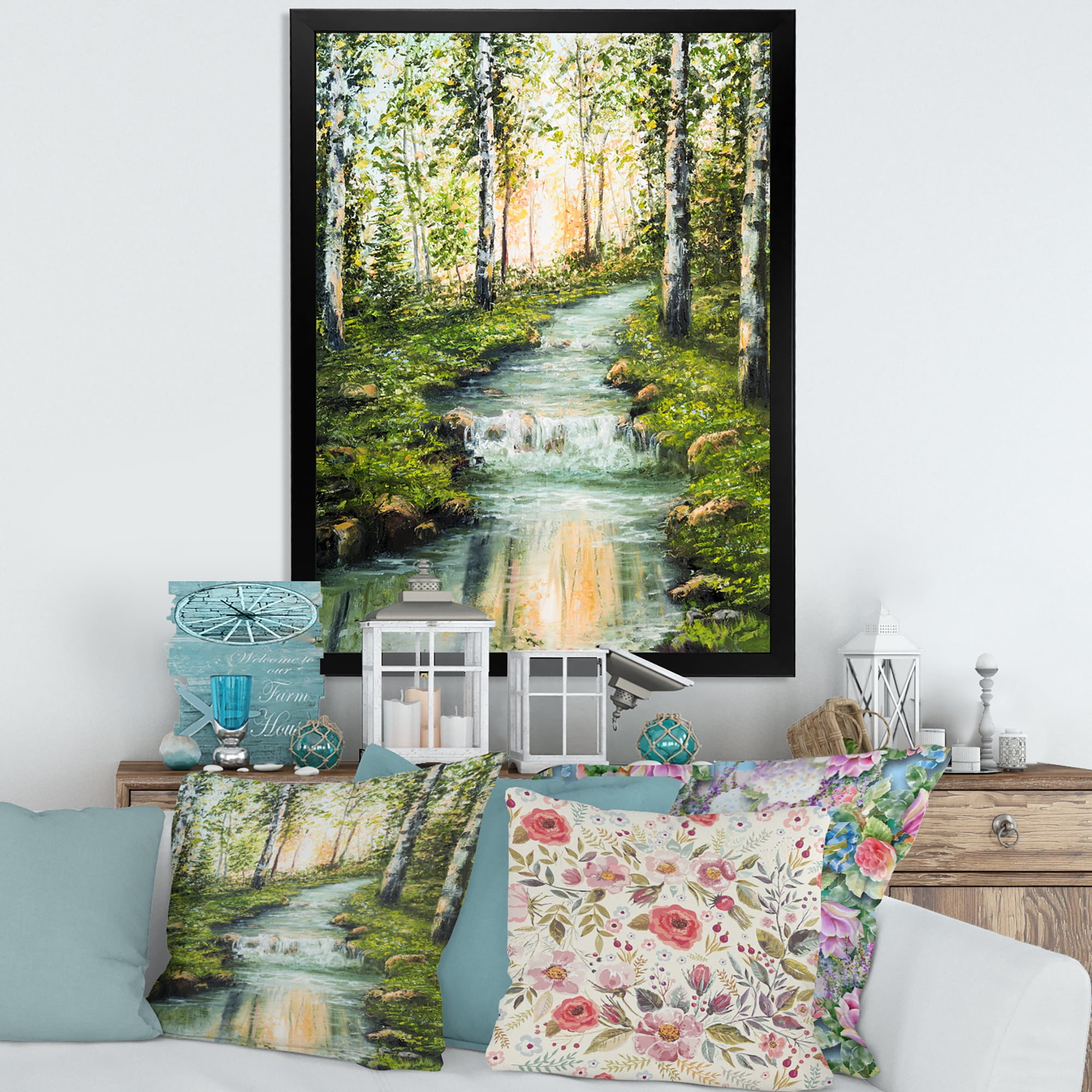 Designart 'River Through Green Birch Forest' Lake House Framed Art Print