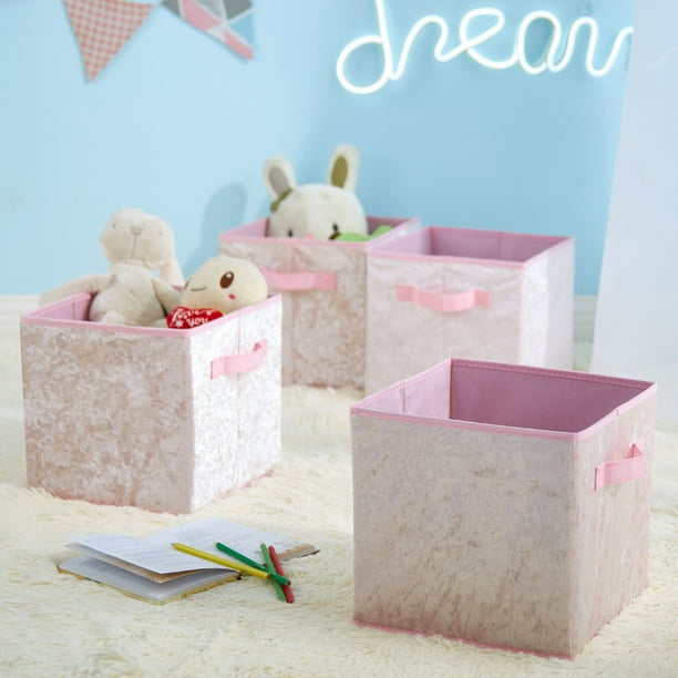 Urban Shop Crushed Velvet 4 pack Collapsible Storage Cubes, Blush