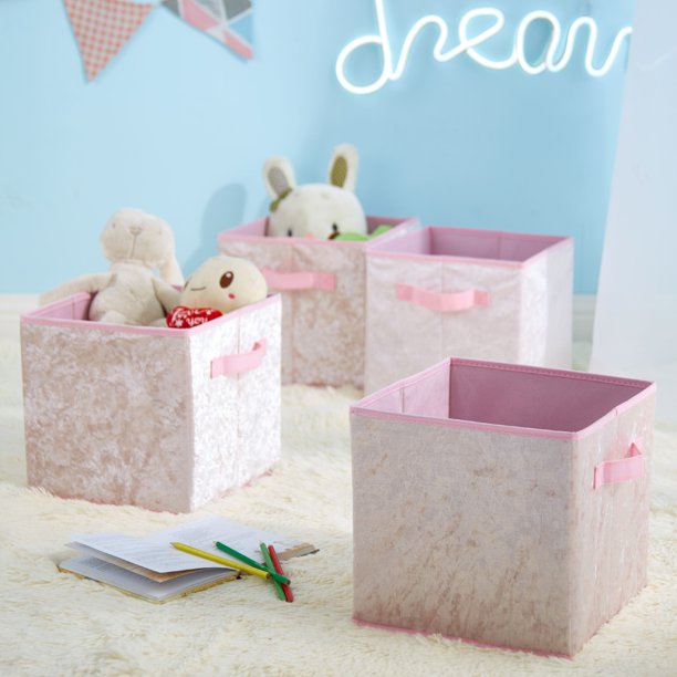 Urban Shop Crushed Velvet 4 pack Collapsible Storage Cubes, Blush