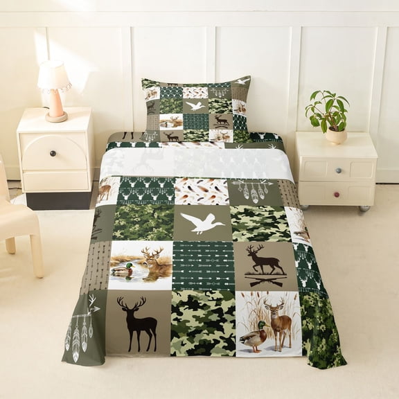 Manfei Cute Bear Patch Twin Sheets,Abstract Geometric Plaid Bedding,Green,3 Pieces,1 Fitted Sheet and 1 Pillowcase