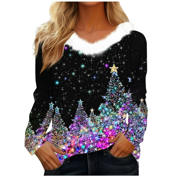 Fall Fashion Must Haves V Neck Christmas Design Pullover Sweatshirt Long Sleeve Holiday Top for Women Cozy Winter Wear Women Fall Clothes