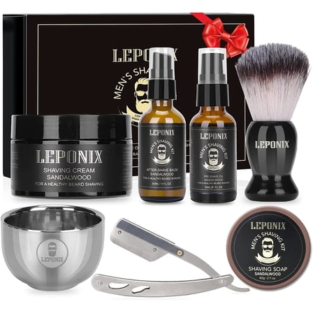 LEPONIX Shaving Kit for Men, Include Straight Razor, Sandalwood Shaving Cream, Mens Aftershave Balm, Pre Shave Oil, Shaving Brush and Bowl, Shaving Soap Shaving Gifts Set for Men (Black)