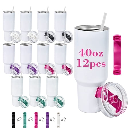 AGH 12 Pack 40 OZ Sublimation Tumbler Blanks with Mixed Color Handle & Plastic Straw, Travel Coffee Cup, 304 Stainless Steel Sublimation Water Bottle, Sublimation Cups, DIY Gift