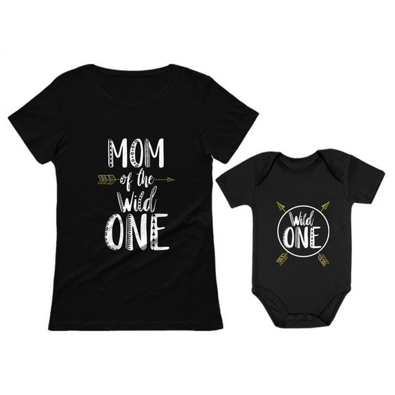 Wild One Birthday Outfit Boy Girl 1st Birthday Mommy and Me Matching Outfits Set Mom Black X-Large / Baby Black NB (0-3M)