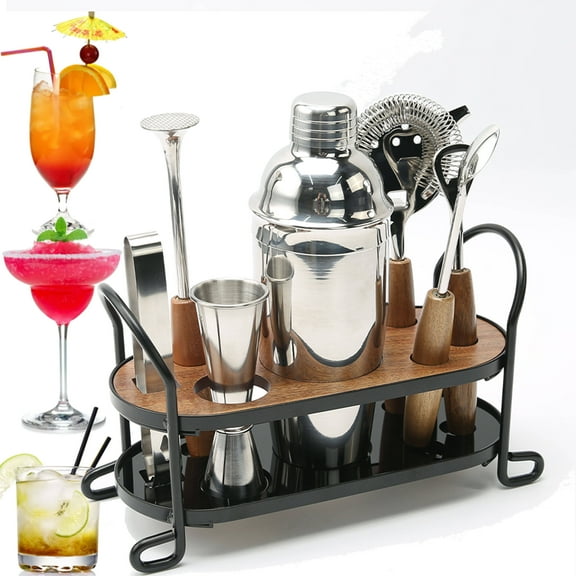 PINYU KJ-4114 8 -Piece Faux Woodgrain Vintage Steel Cocktail Shaker Set