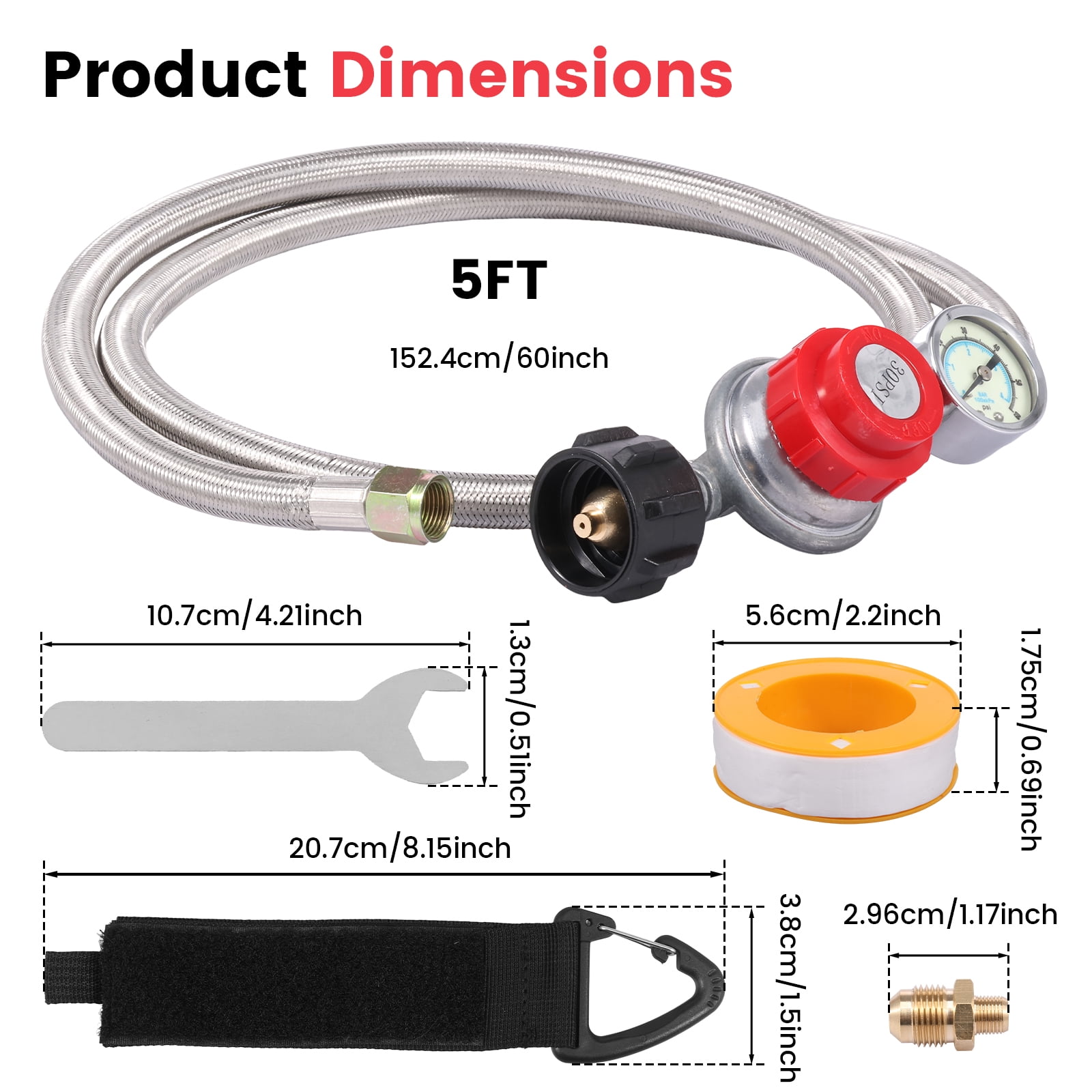 5 FT Adjustable Propane Regulator Hose with 0-60PSI Gauge 0~30PSI Adjustable 3/8" Female Flare Gas Grill Regulator for Gas Tank Cooker