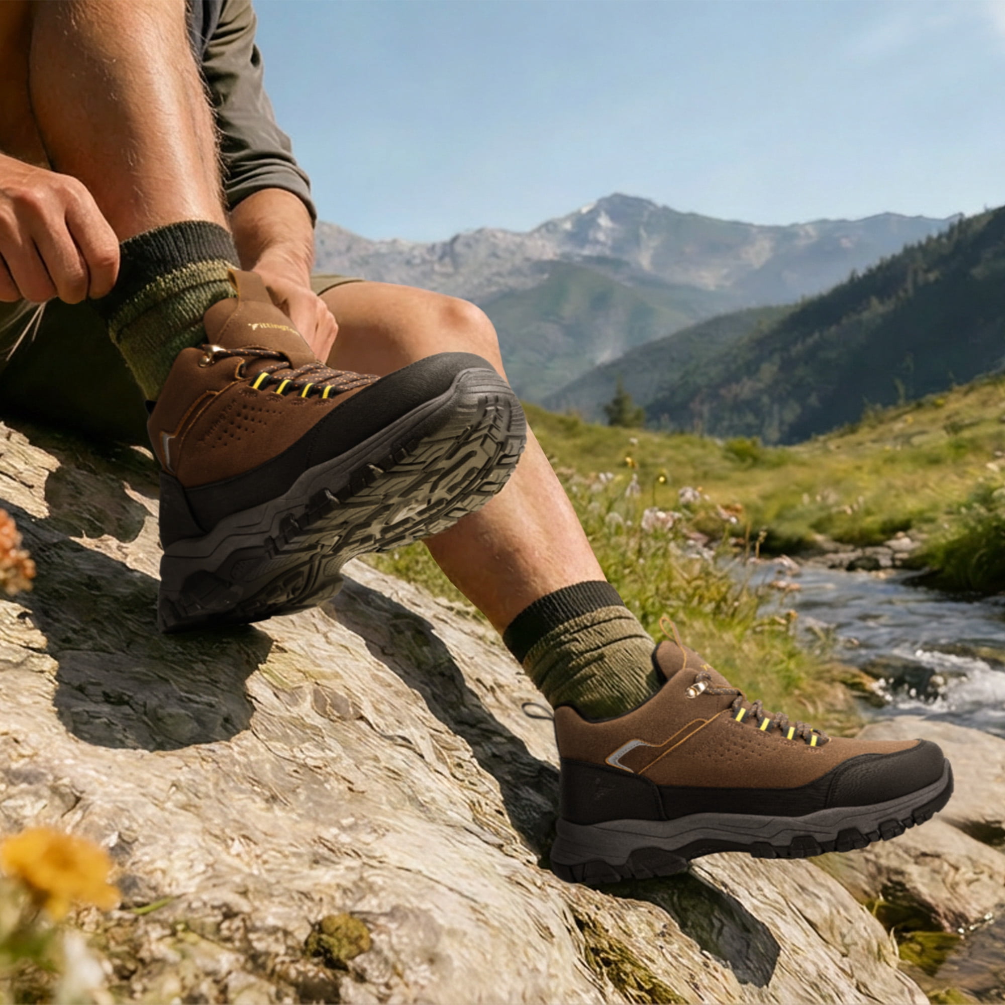 Fittington Men's Walking Hiking Shoes Outdoor Trekking Athletic shoes Arch Support | Reflective Safety Feature | Dark Brown/Gray