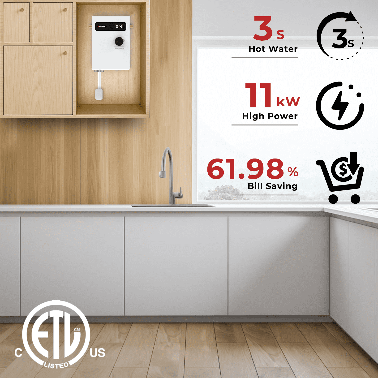 Camplux 11 kW 2.1 GPM 240V Compact Instant Efficient Wall Mounted Tankless Electric Water Heater