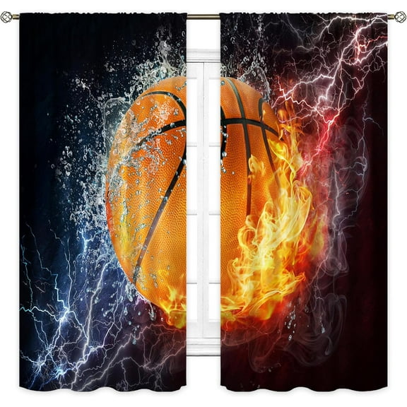 Sports Curtains for Boys Bedroom 42W x 63L Inch Rod Pocket Kids Basketball Curtains Cool Basketball Wall Art for Men Abstract Flame Decor Teenagers Living Room Window Drapes Fabric 2 Panels