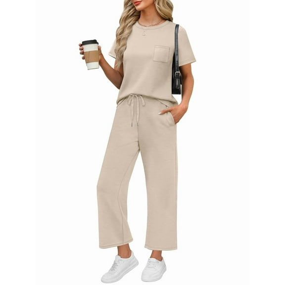 Women'S Leisure Travel Vacation Wear Two-Piece Suit Short Sleeve Wide Leg Pants Casual Suit Apricot L