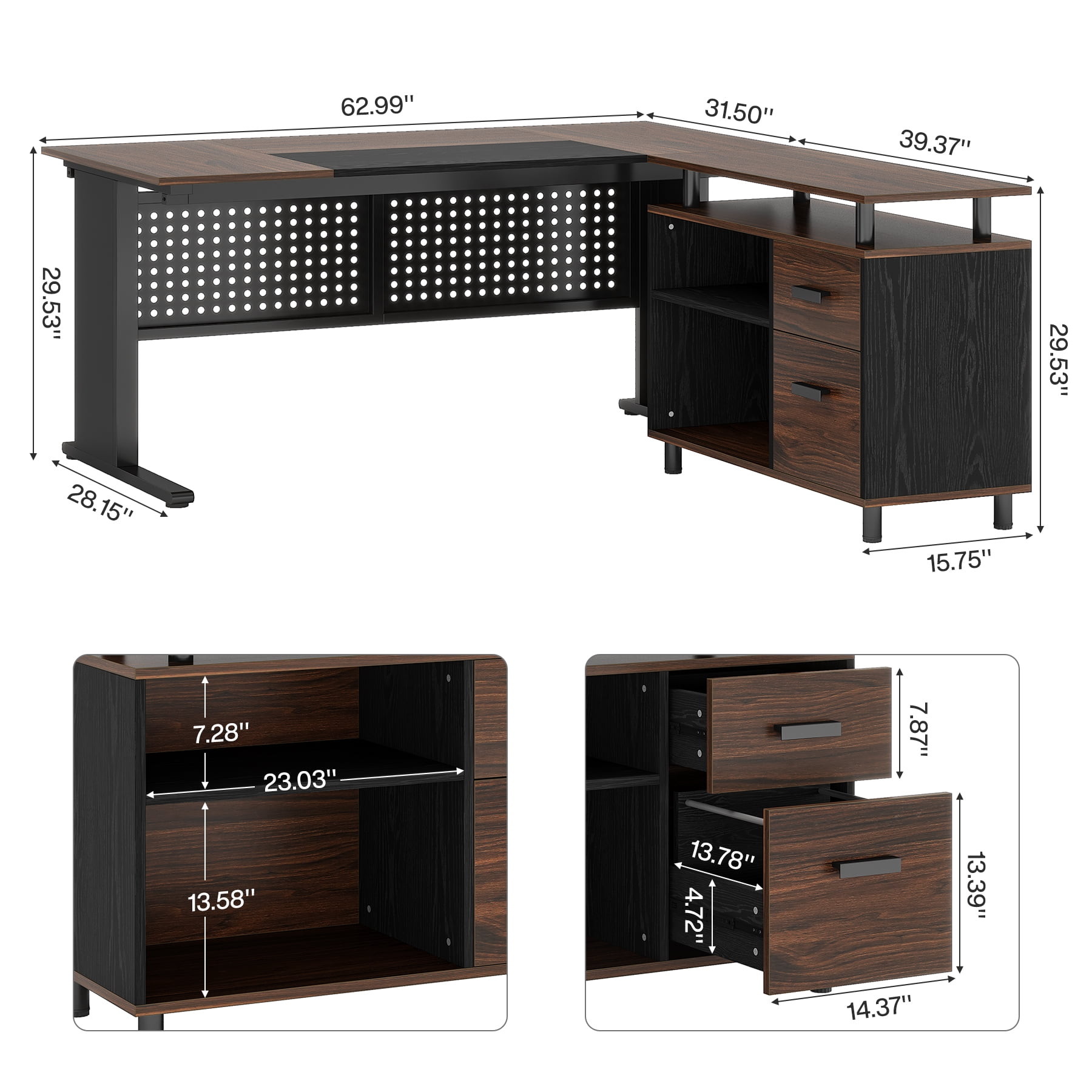 Finmind Executive Desk with File Cabinet, 63 Inch L Shaped Computer Desk with Drawers and Storage Shelves for Home Office, Brown and Black