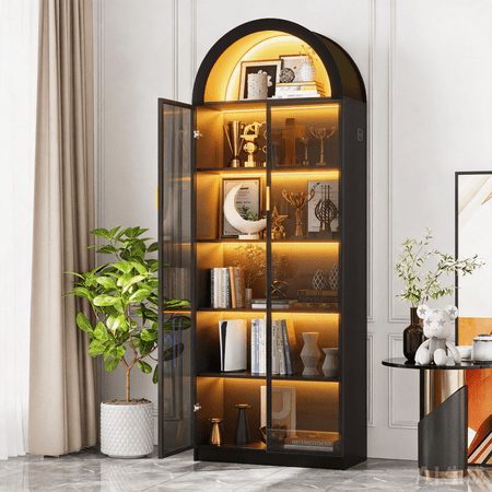 VKCC 69.7" LED Arched Display Cabinet with Door, Modern Curio Book Case with Storage for Living Room Office, Black