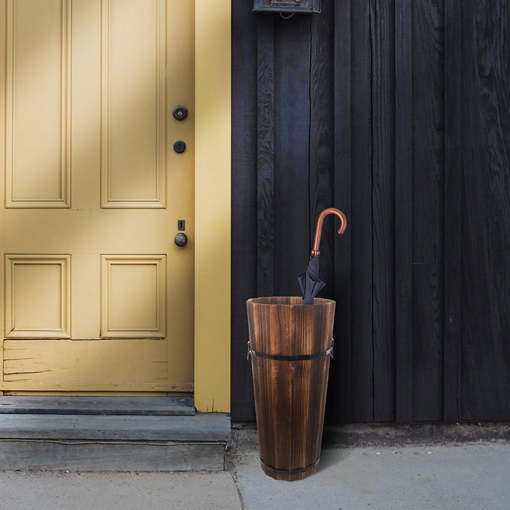 BESTONZON Wooden Umbrella Stand Brown with Cane and Fan Holder for Home Entryway