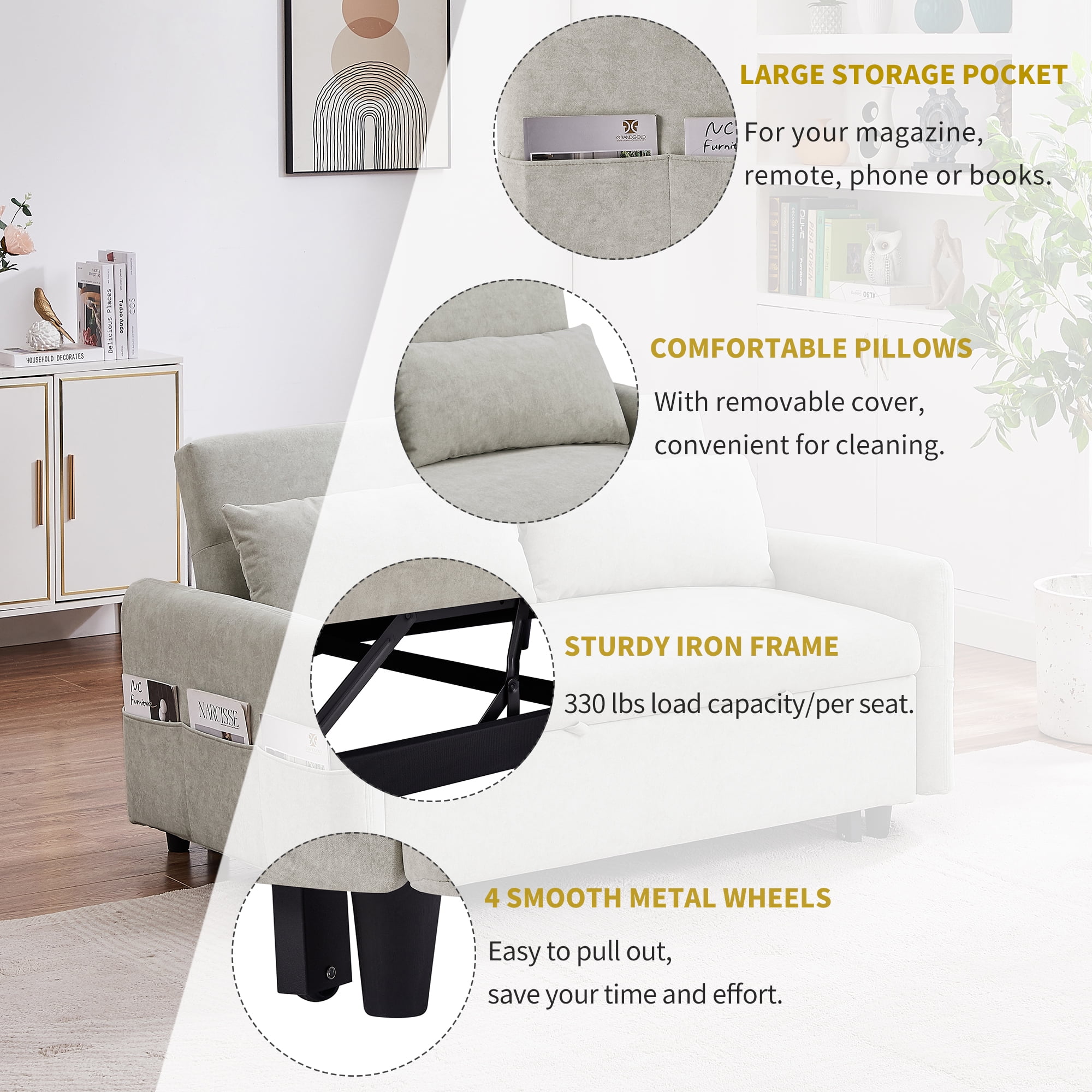 DEALTOPS 55.1" Sofa Bed with Pull Out Sofa Bed Sleeper Sofa Couch Adjsutable Backrest Loveseats Couches for Living Room - Beige
