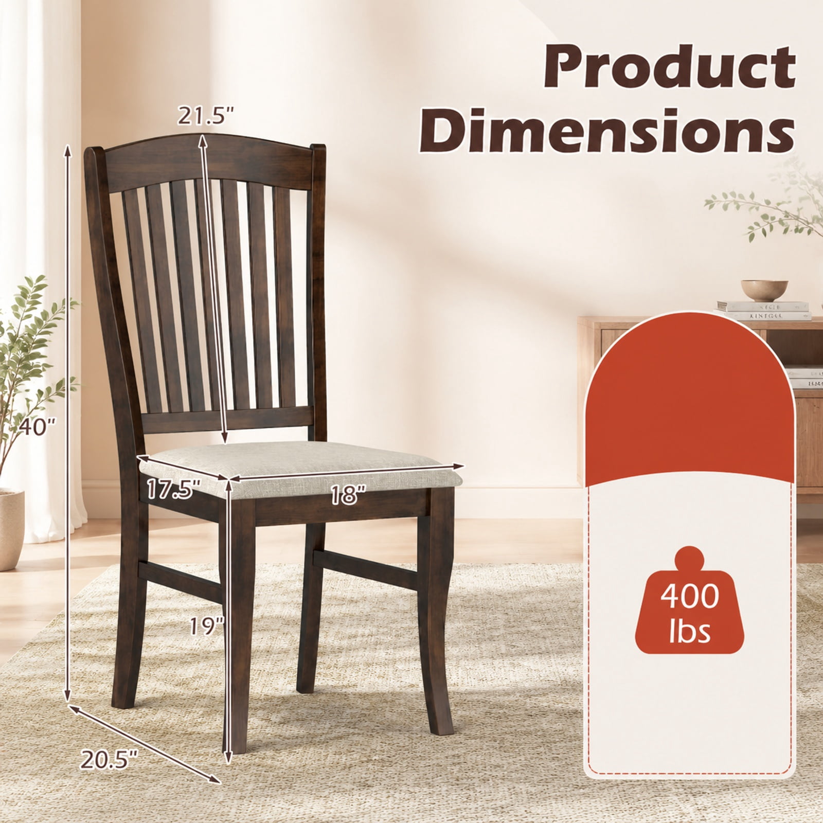 Furnibear Mid Century Kitchen Side Chairs Set of 2 Armless Dinette Dining Chairs with Rubber Wood Frame and Curved Legs, Coffee