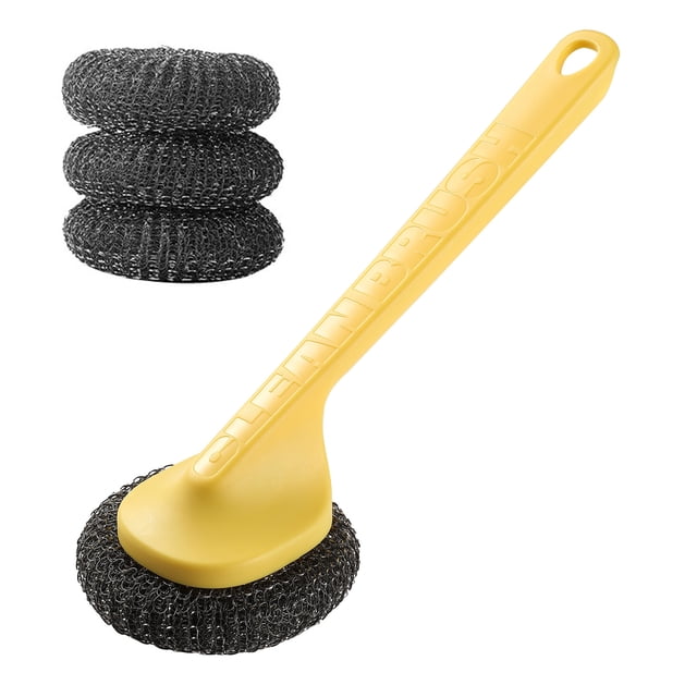Cepillo para ollas con cabezal de bola de acero, agarre antideslizante, orificio para colgar, mango largo, fregador de platos, herramienta de limpieza de cocina