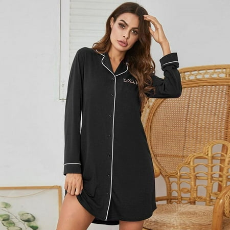 

Sales Promotion!Ladies Nightdress Lapel Long-sleeved Home Service Cotton Casual Nightdress Black XL
