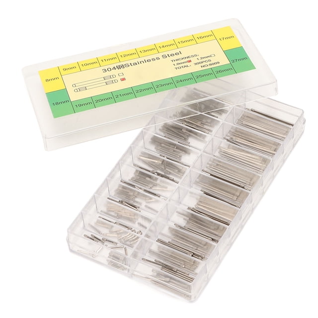 300 pasadores de acero inoxidable para pulsera de reloj de 1,0 mm, de 8 a 27 mm, para herramienta de reparación de pasadores de correa de reloj.