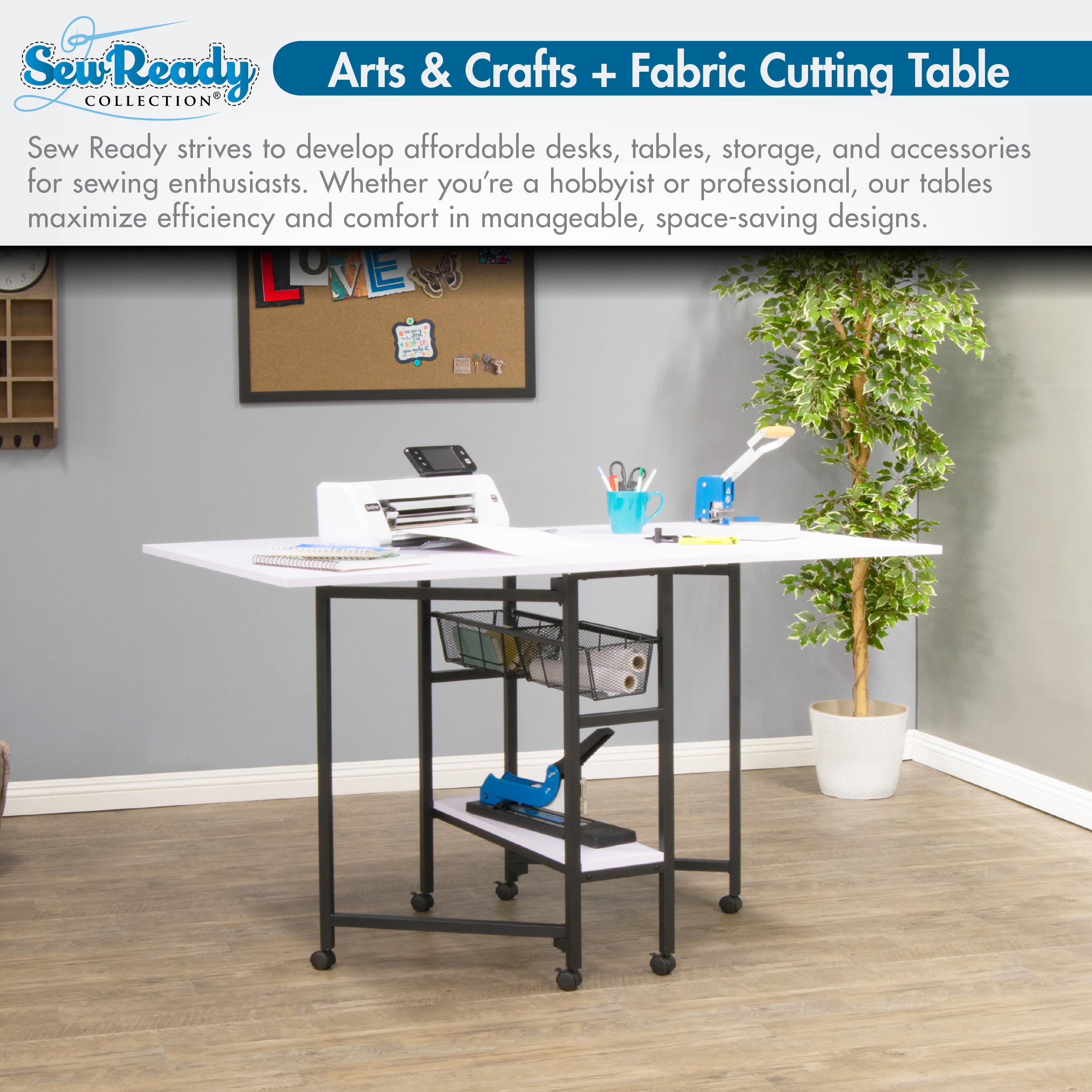 Sew Ready Metal Folding Rolling Cutting Craft Sewing Table with Storage 36 -inch High in Black and White