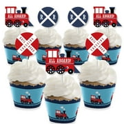 Big Dot of Happiness Railroad Party Crossing - Cupcake Decoration - Steam Train Party Cupcake Wrappers and Treat Picks Kit - Set of 24