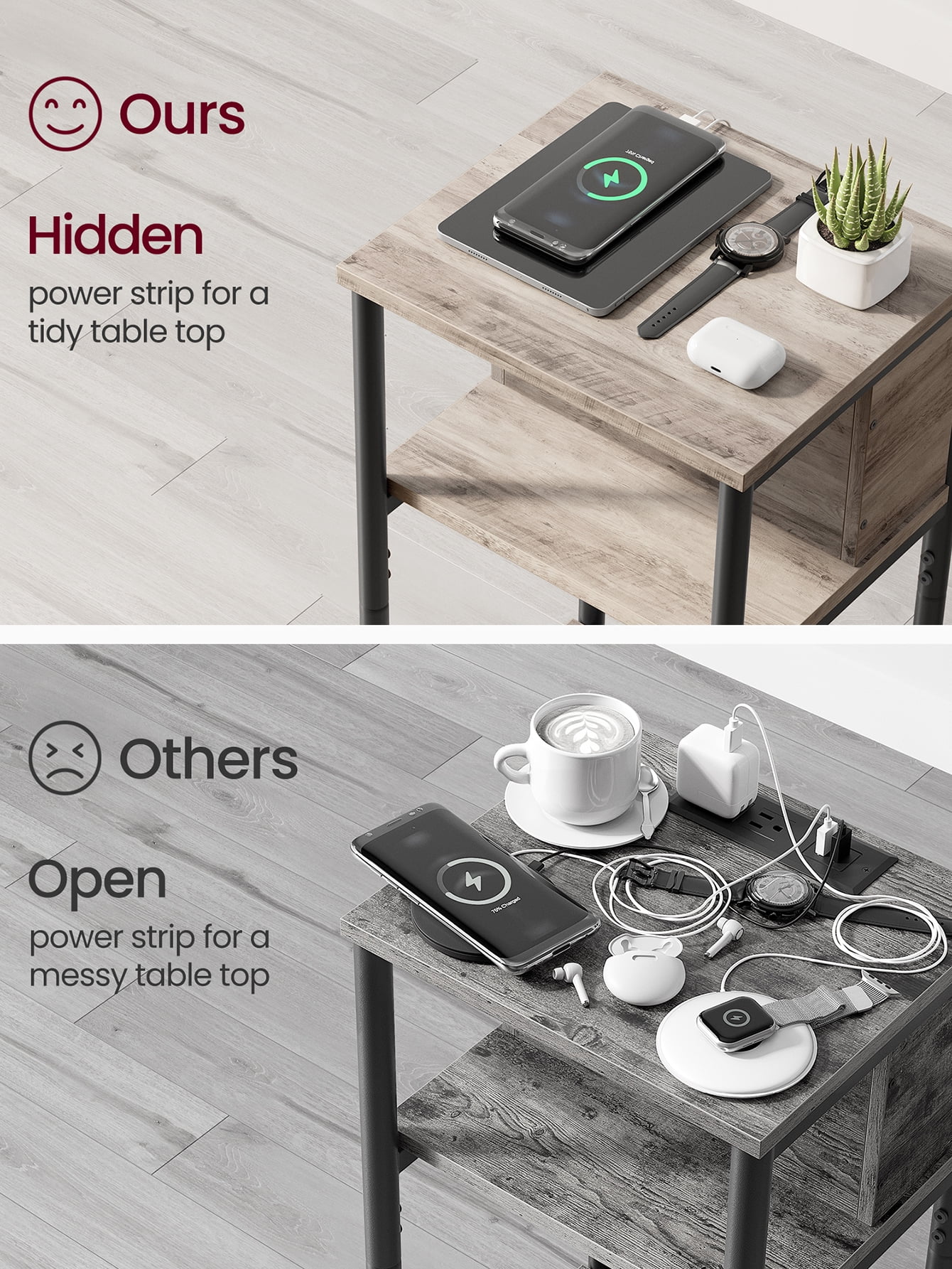 End Side Table with Charging Station 3-Tier End Table with USB Ports and Outlets Nightstand for Living Room Bedroom Greige and Black