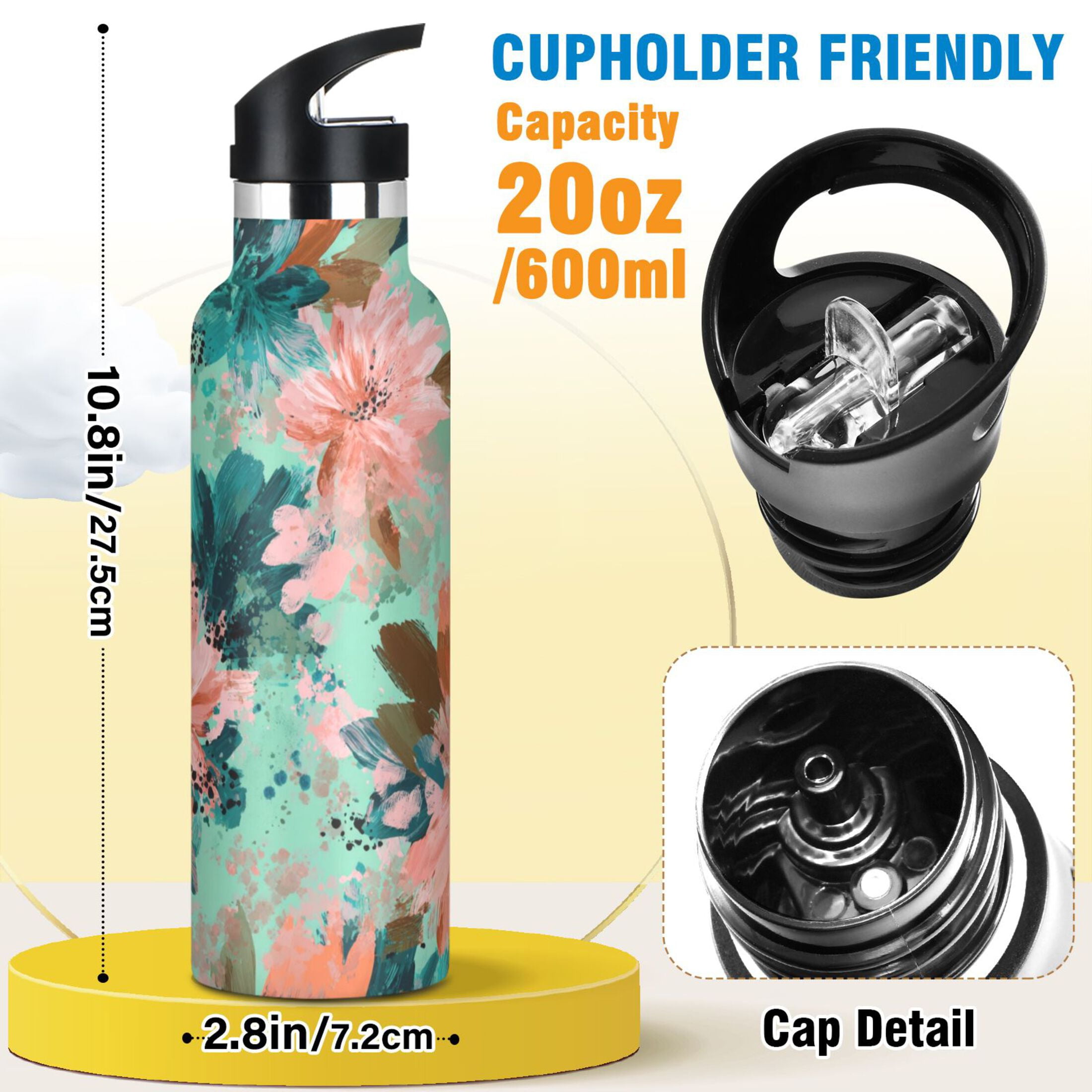 Kids Insulated Stainless Steel Sports Water Bottle 600ml (20oz) Pink Abstract Floral Patterns