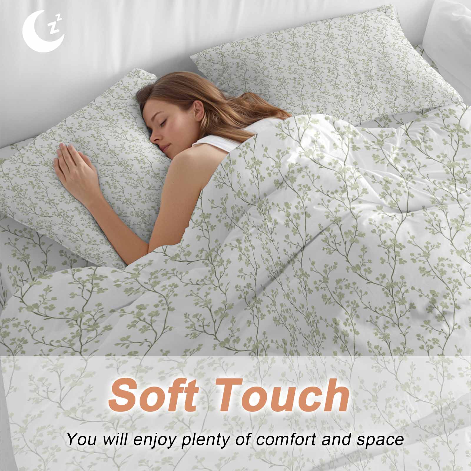 Sage Green Flowers Duvet Cover Set Twin Size Branches Plants Soft Lightweight Comforter Covers 4 Piece Bedding Set with 1 Duvet Cover 1 Bed Sheet & 2 Pillow Shams