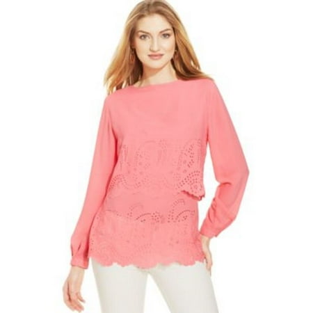 Camelia Rose - Ny Collection Laser-Cut Long Sleeve Layered Blouse, Camelia Rose, M