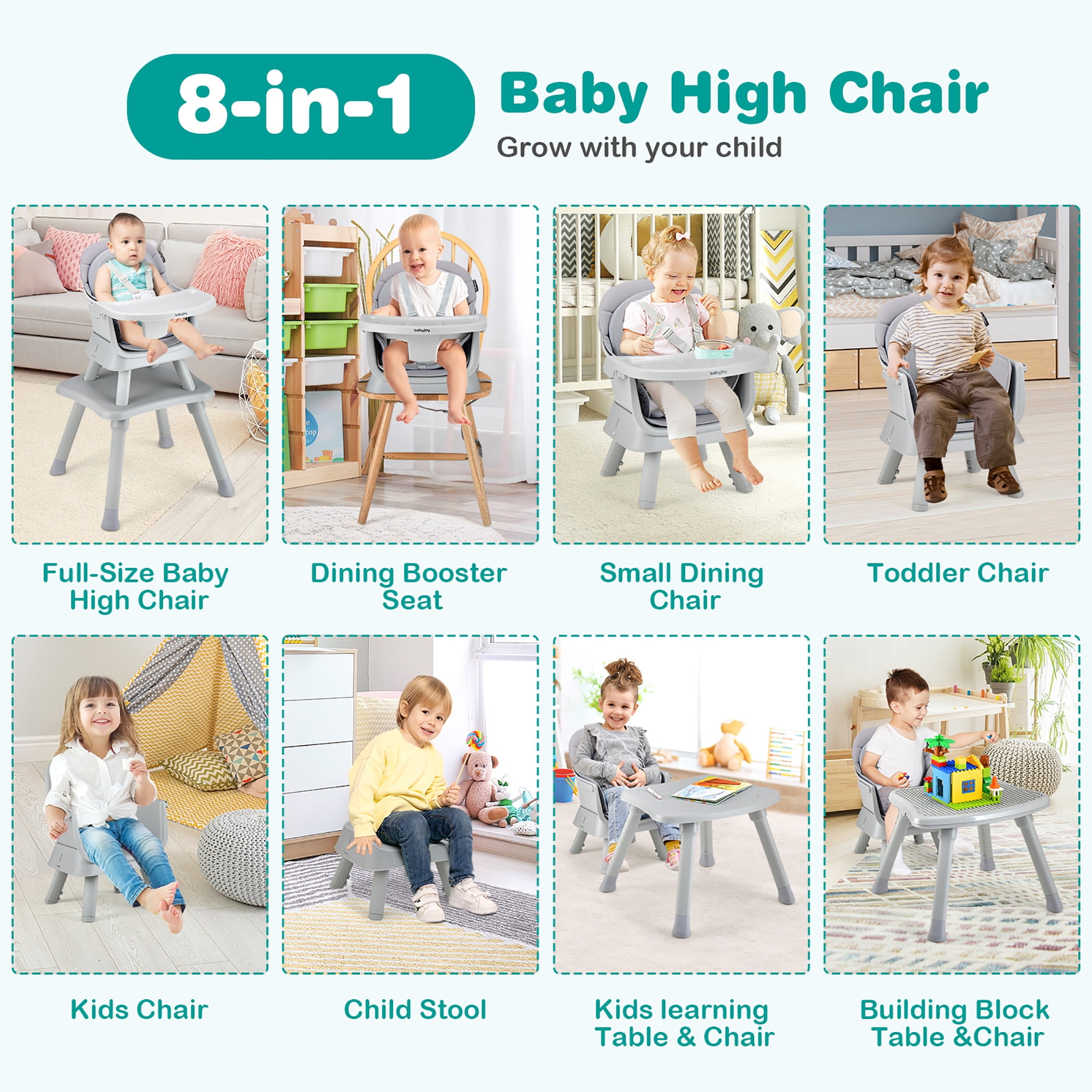 Costway  8-in-1 Baby High Chair Convertible Dining Booster Seat w/ Removable Tray Gray