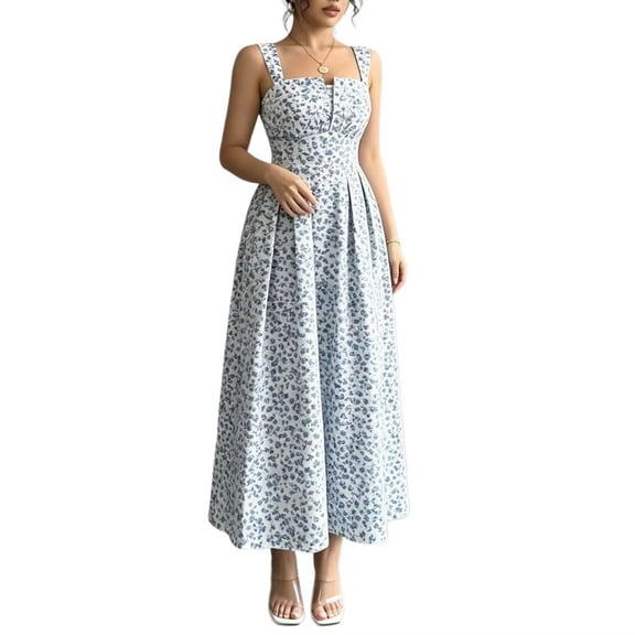 GUACER Midi Dress for Women Blue & White Floral Square Neck Ditsy Print Pleated A-Line Sundress Boho Summer Vacation Beach Outfit