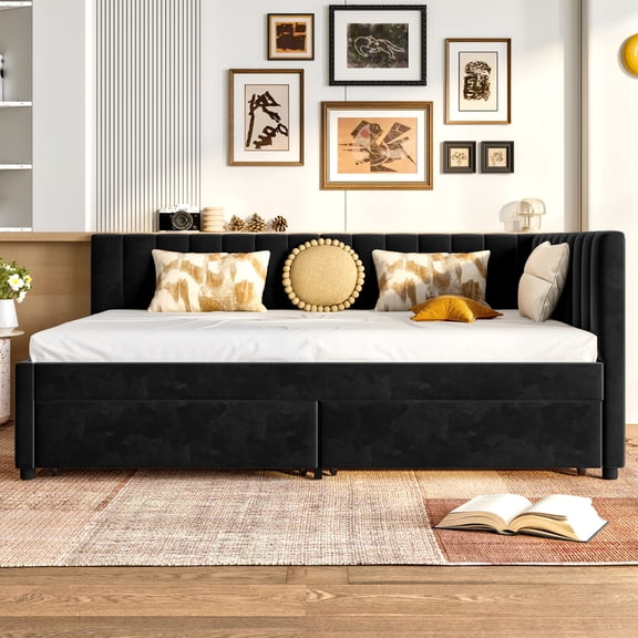Toauuo Full Size Velvet Upholstered Corner Daybed with Storage Drawers - L Shaped Headboard Daybed Frame for Living Room Guest Room