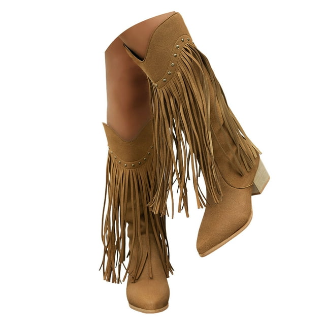 Leozcaa Fringe Cowboy Boots for Women Mid Calf Boots Leopard Print Pointed Toe Chunky Heel Fall Booties