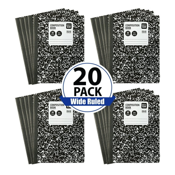 Pen+Gear 20 pack, Wide-Ruled Marble Composition Book, 9.75 x 7.5, 80 Sheets, New