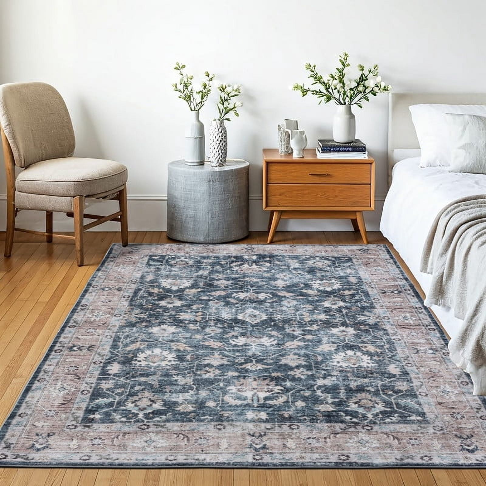 Delara 5'x7' Machine Washable Area Rug, Soft & Durable, Non-Slip, Stain Resistant, Midnight Garden, for Bedroom, Living & Dining Room