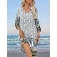thumbnail image 4 of Women Casual Beach Summer Boho Tassel Tie Neck 3/4 Long Sleeve Short Floral Print Cover Up Sundresses White XL, 4 of 6