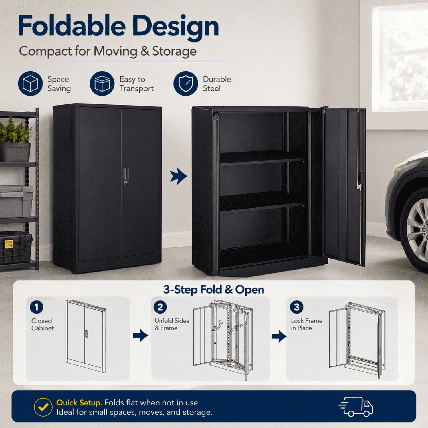 Miniyam Foldable Storage Cabinet with Doors, Handle Lock and Adjustable Shelves for Home Office