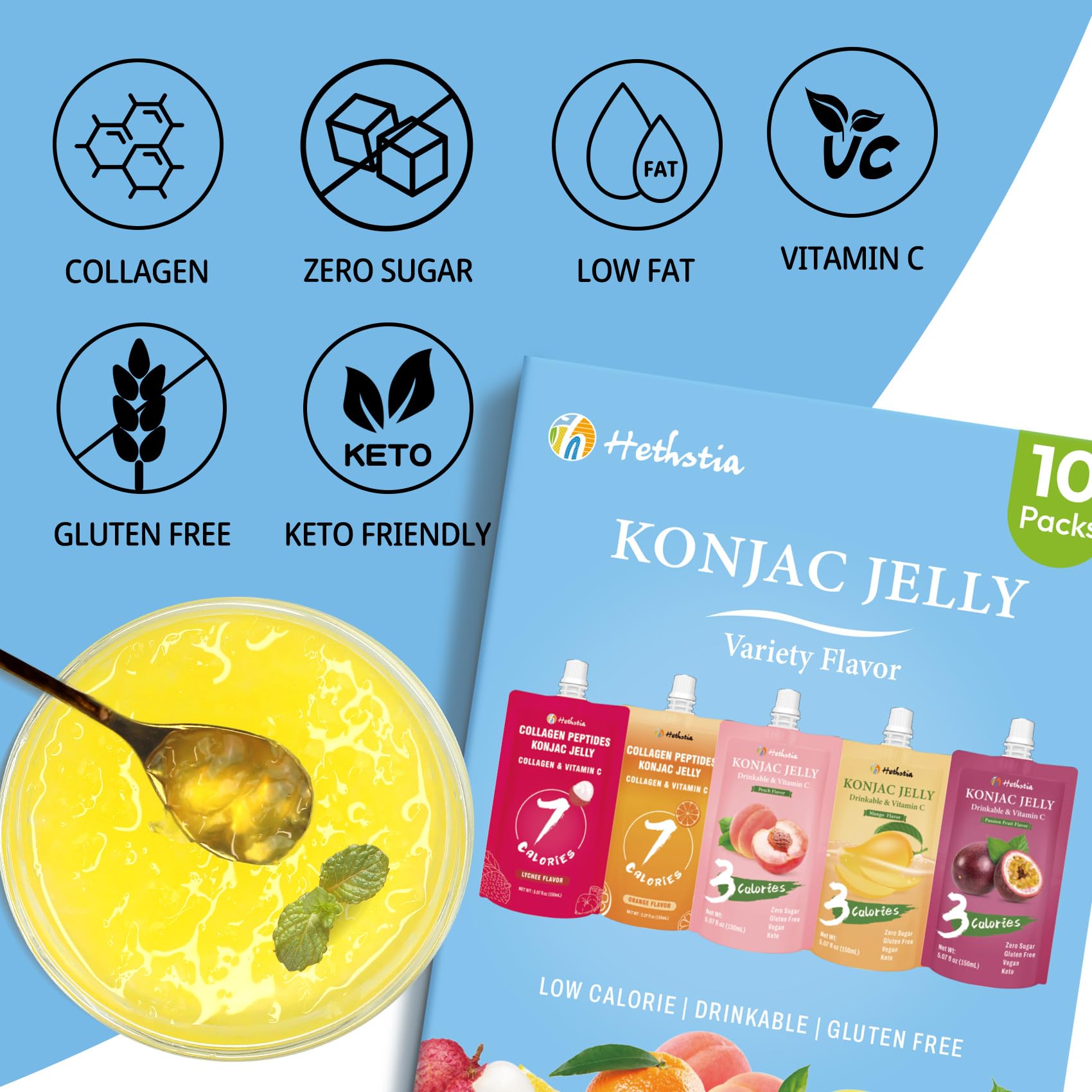 Hethstia Konjac Jelly Drink - Passion Fruit Flavor, 3 Calories, 0 Sugar, Vegan & Keto Friendly, 10 Pack